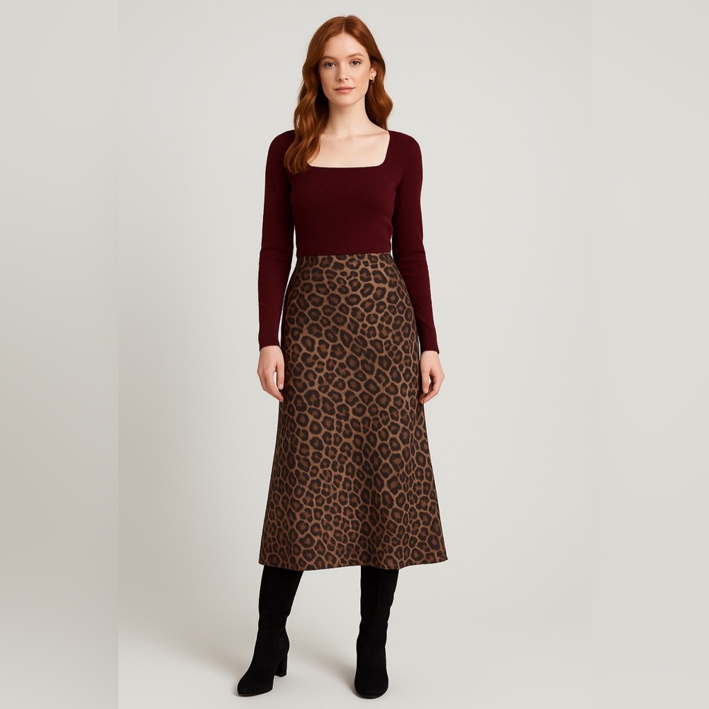 Commense Leopard Print Midi Skirt A Line Animal Print Brown Tan Casual Chic M